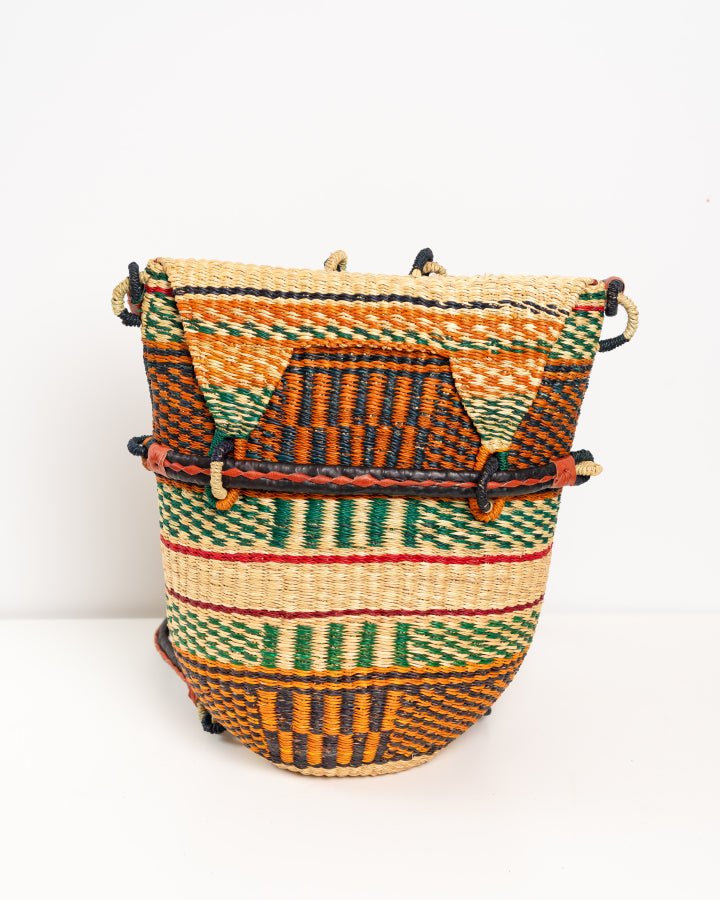 Hand-woven Bolga rucksack — ethical African straw backpack, Ghanaian artisan craftsmanship