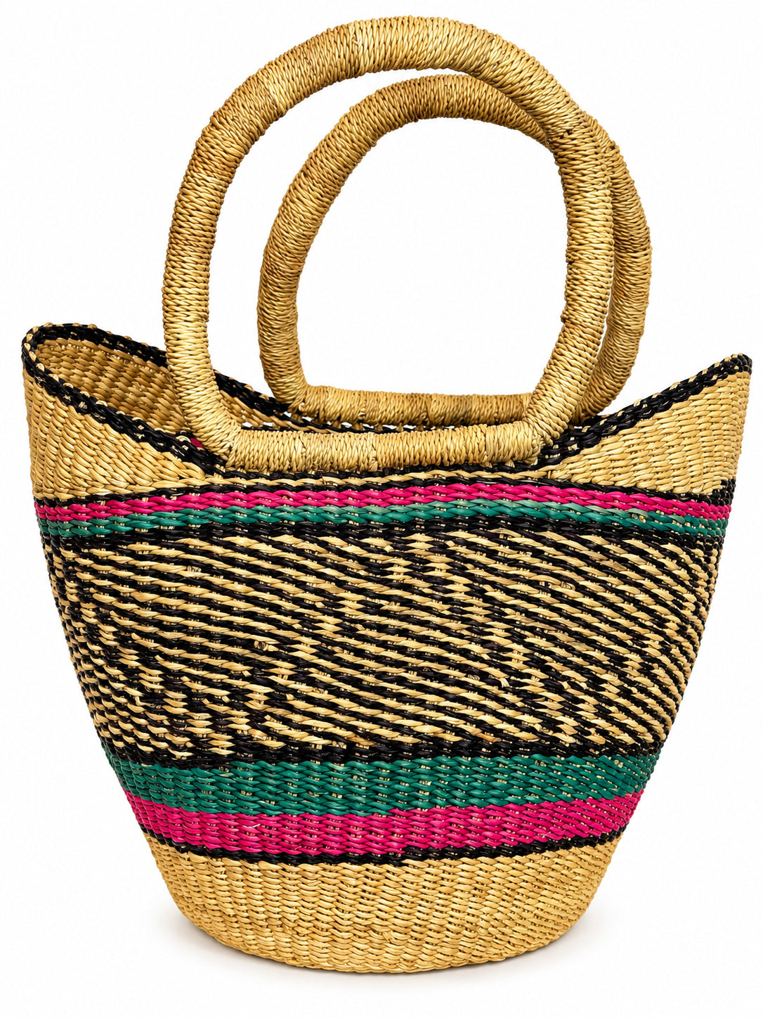 Handwoven Bolga U-shopper basket in natural, black, fuchsia and teal elephant grass