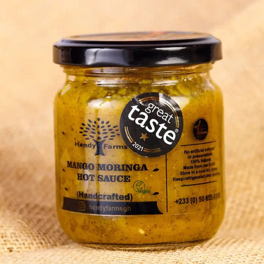 Hendy Farms hot sauce and jam collection, handcrafted mango and moringa condiments from Ghana