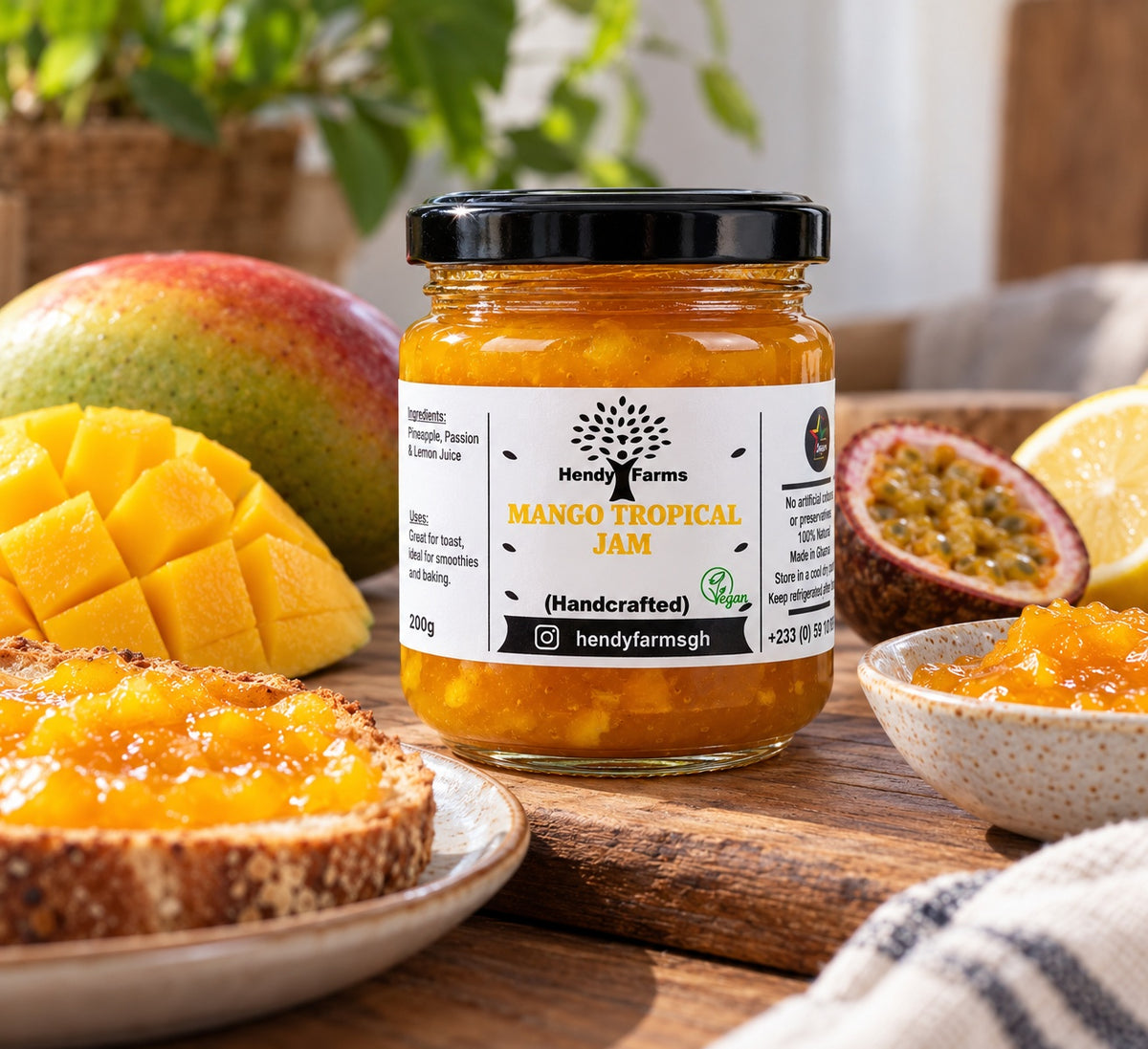 Hendy Farms handcrafted vegan Mango Tropical Jam, 200g jar with fresh mango, passion fruit, lemon and jam on toast