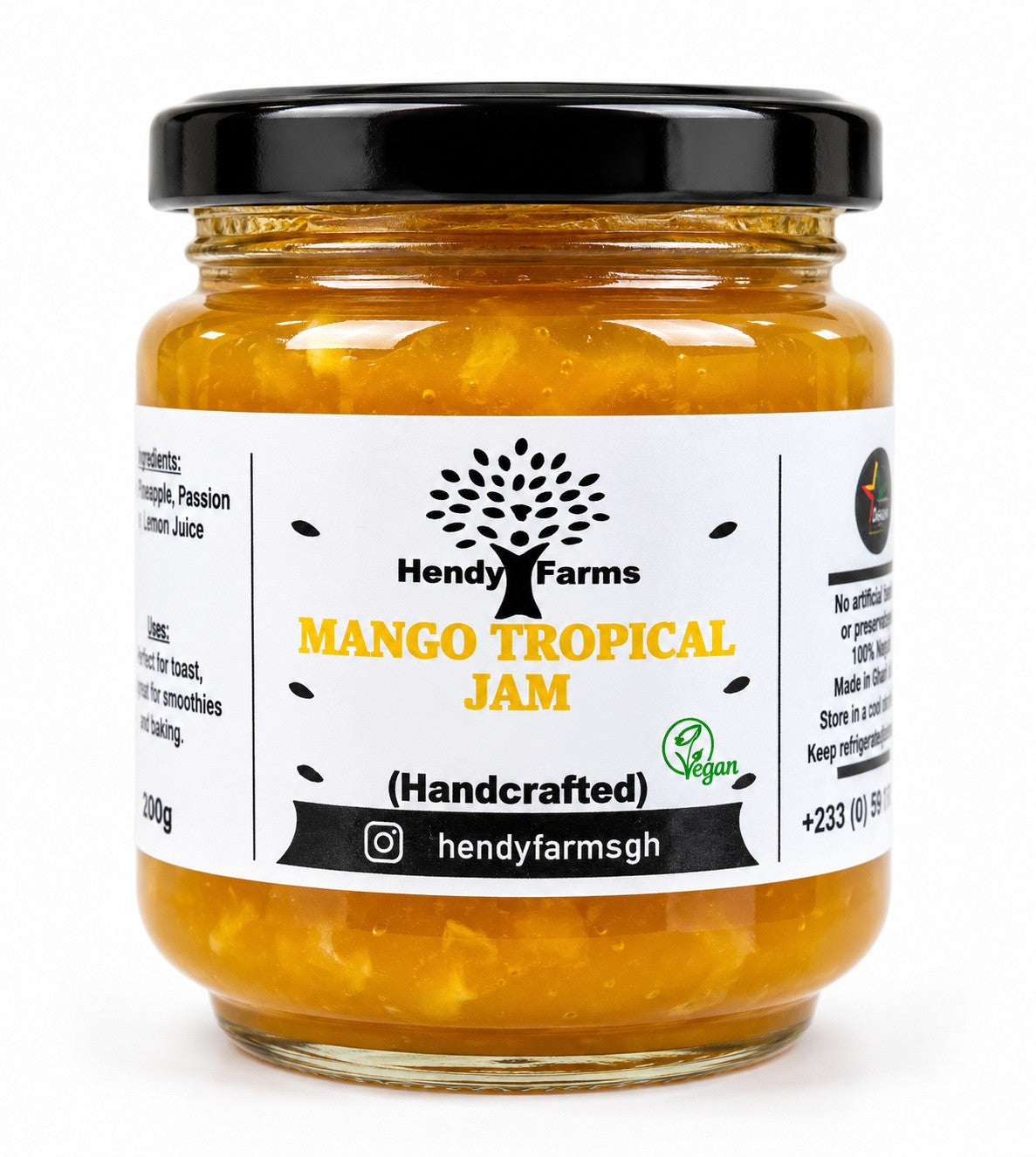 Hendy Farms handcrafted vegan mango tropical jam with pineapple and passion fruit in a 200g glass jar, made in Ghana