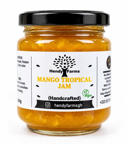 Hendy Farms handcrafted vegan mango tropical jam with pineapple and passion fruit in a 200g glass jar, made in Ghana