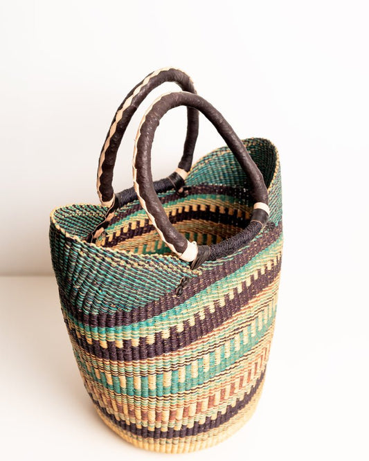 Juliana hand-woven Bolgatanga U-shopper basket — colourful ethical African artisan basket, Ghana