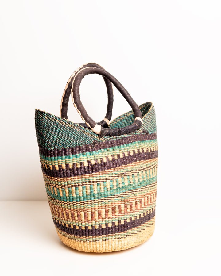 Juliana hand-woven Bolgatanga U-shopper basket — colourful ethical African artisan basket, Ghana