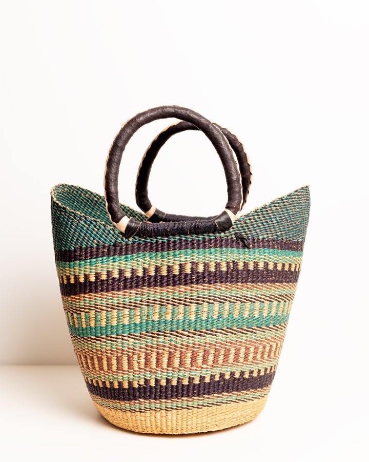 Juliana hand-woven Bolgatanga U-shopper basket — colourful ethical African artisan basket, Ghana