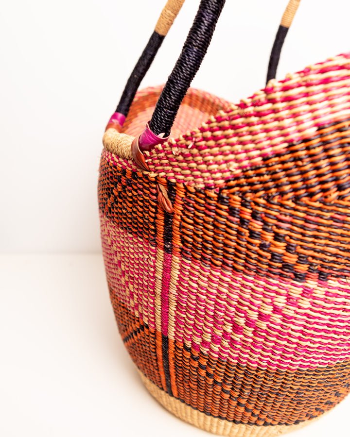 Juliana hand-woven Bolgatanga U-shopper basket — colourful ethical African artisan basket, Ghana