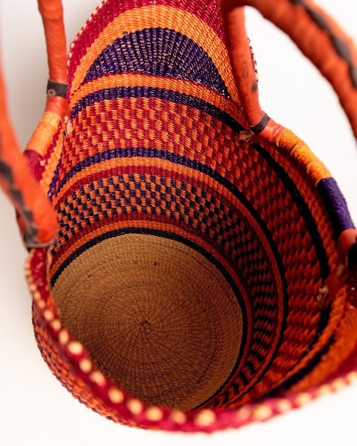 Juliana hand-woven Bolgatanga U-shopper basket with leather handles — ethical African artisan basket, Ghana