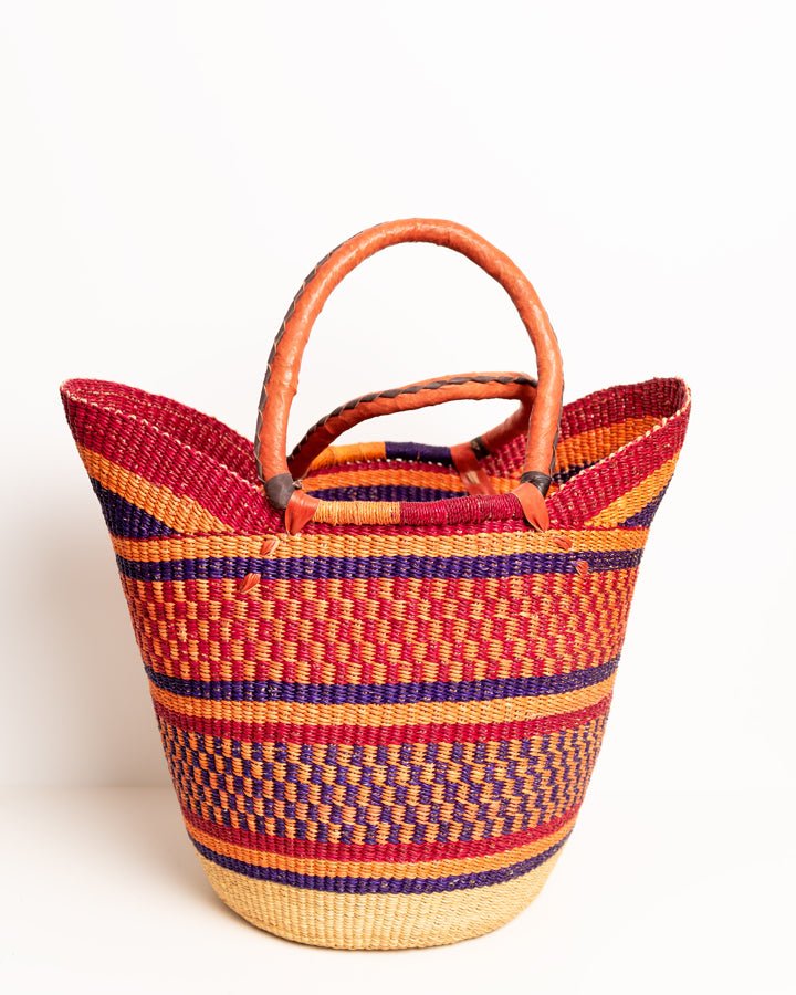 Juliana hand-woven Bolgatanga U-shopper basket with leather handles — ethical African artisan basket, Ghana