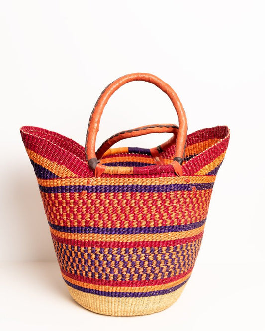 Juliana hand-woven Bolgatanga U-shopper basket with leather handles — ethical African artisan basket, Ghana