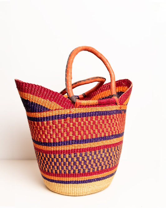 Juliana hand-woven Bolgatanga U-shopper basket with leather handles — ethical African artisan basket, Ghana