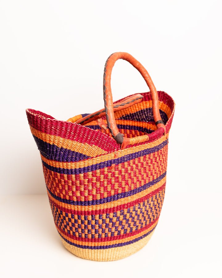Juliana hand-woven Bolgatanga U-shopper basket with leather handles — ethical African artisan basket, Ghana
