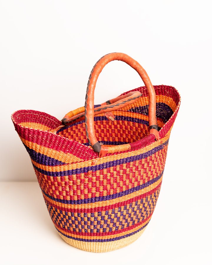 Juliana hand-woven Bolgatanga U-shopper basket with leather handles — ethical African artisan basket, Ghana