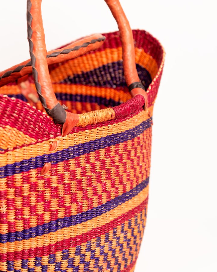 Juliana hand-woven Bolgatanga U-shopper basket with leather handles — ethical African artisan basket, Ghana