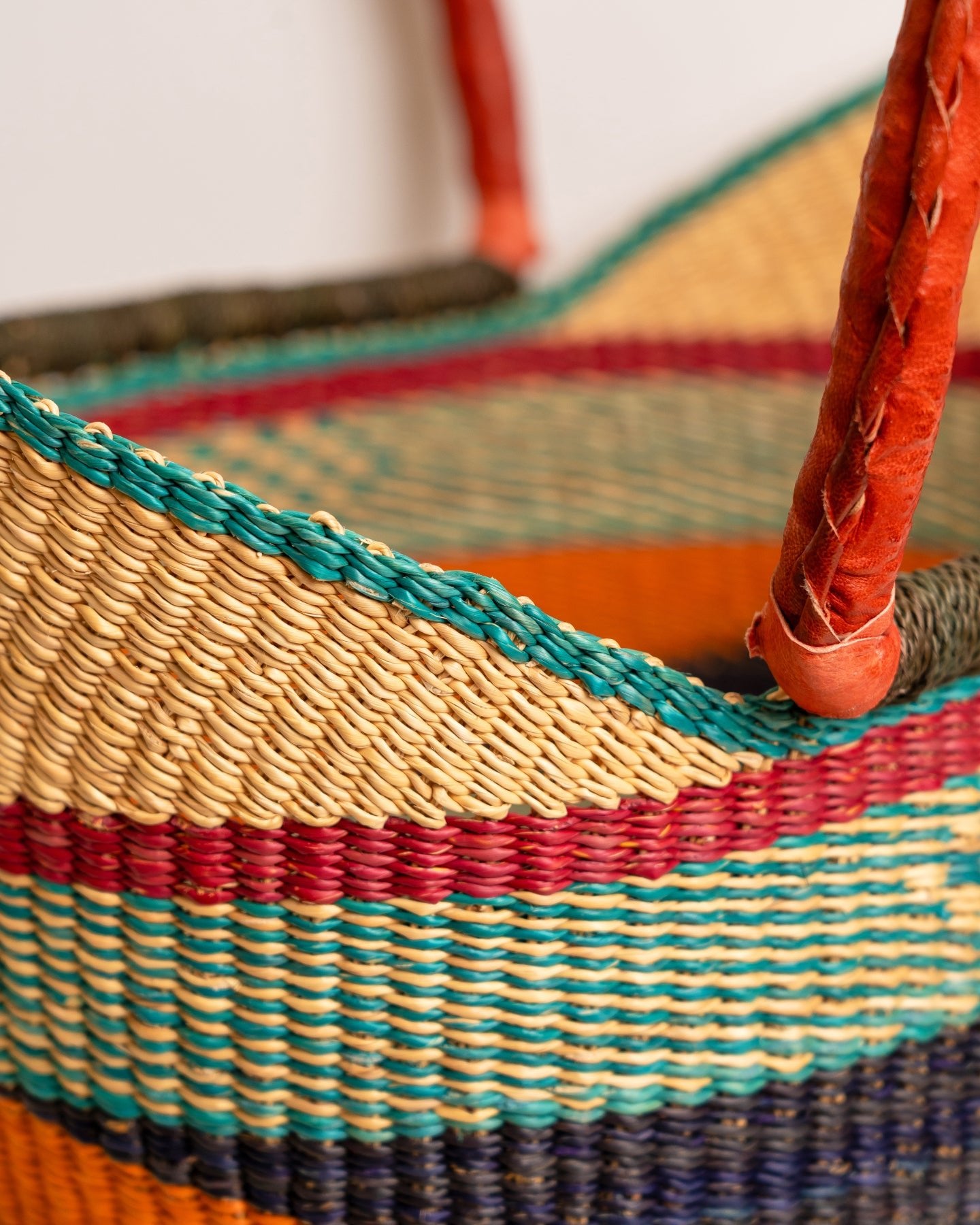 Juliana hand-woven Bolga U-shopper market basket with leather handles — ethical Ghanaian artisan basket