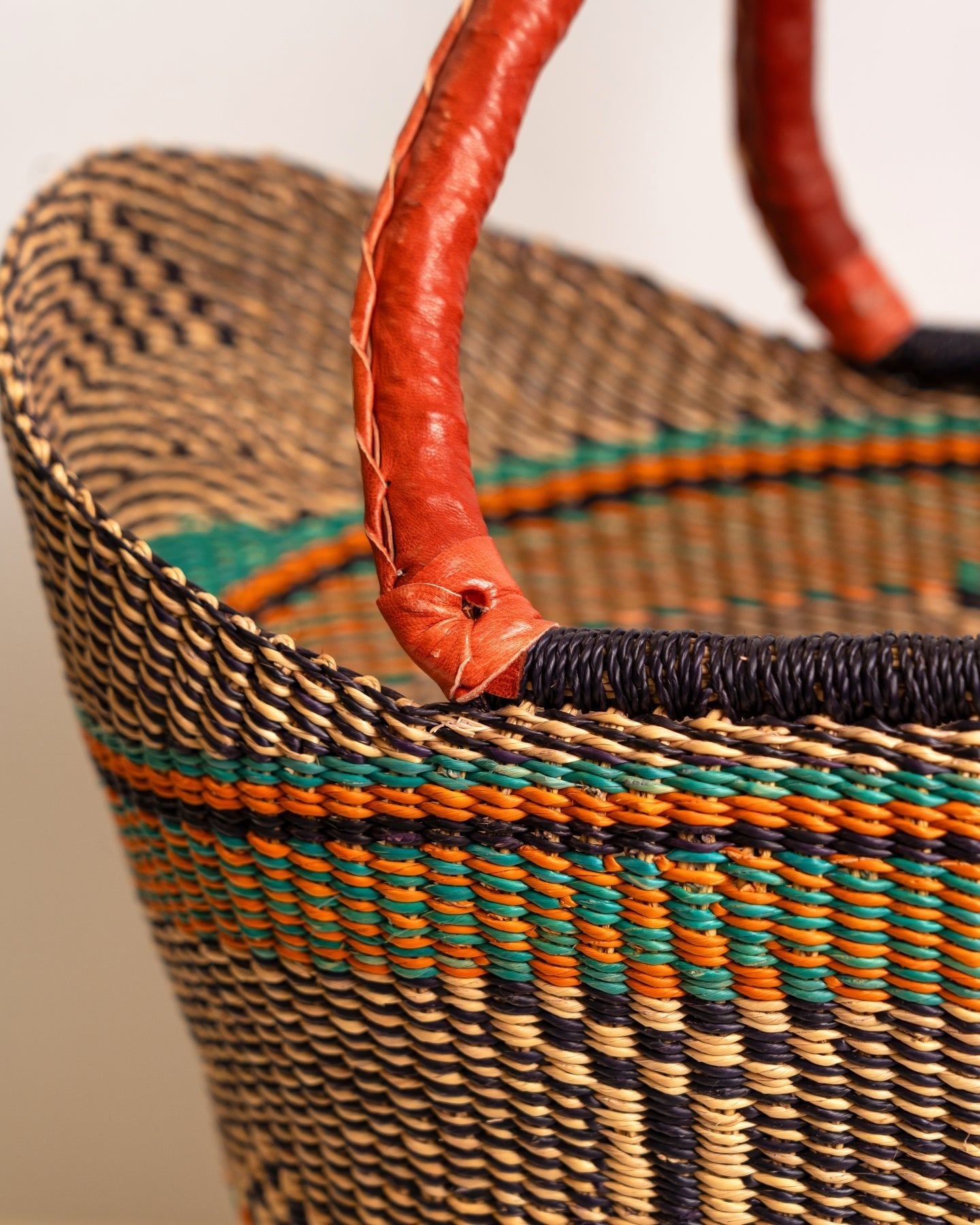 Juliana hand-woven Bolga U-shopper market basket with leather handles — ethical Ghanaian artisan basket