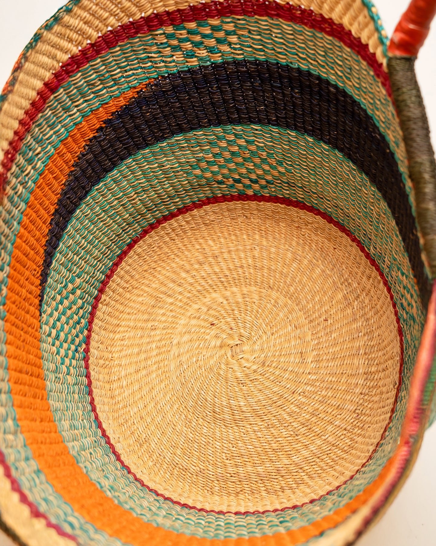 Juliana hand-woven Bolga U-shopper market basket with leather handles — ethical Ghanaian artisan basket