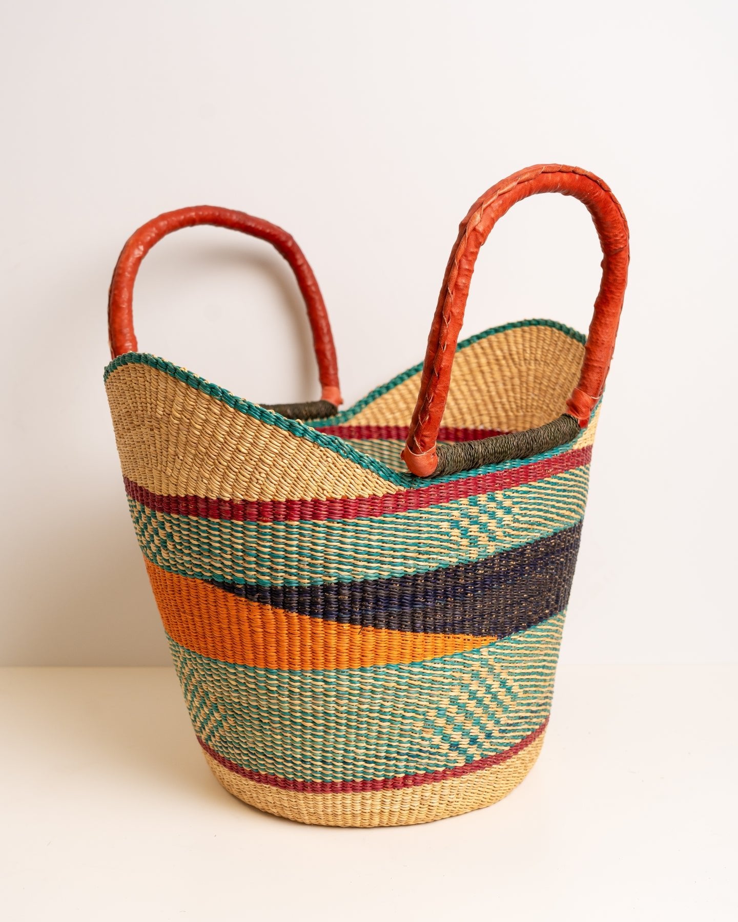 Juliana hand-woven Bolga U-shopper market basket with leather handles — ethical Ghanaian artisan basket