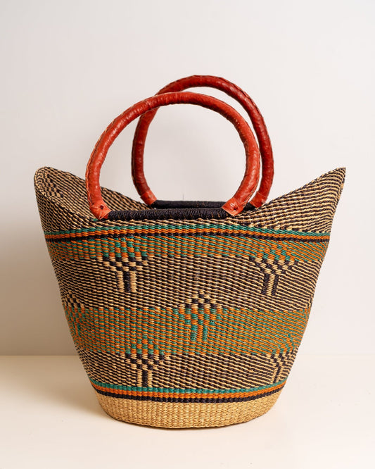 Juliana hand-woven Bolga U-shopper market basket with leather handles — ethical Ghanaian artisan basket