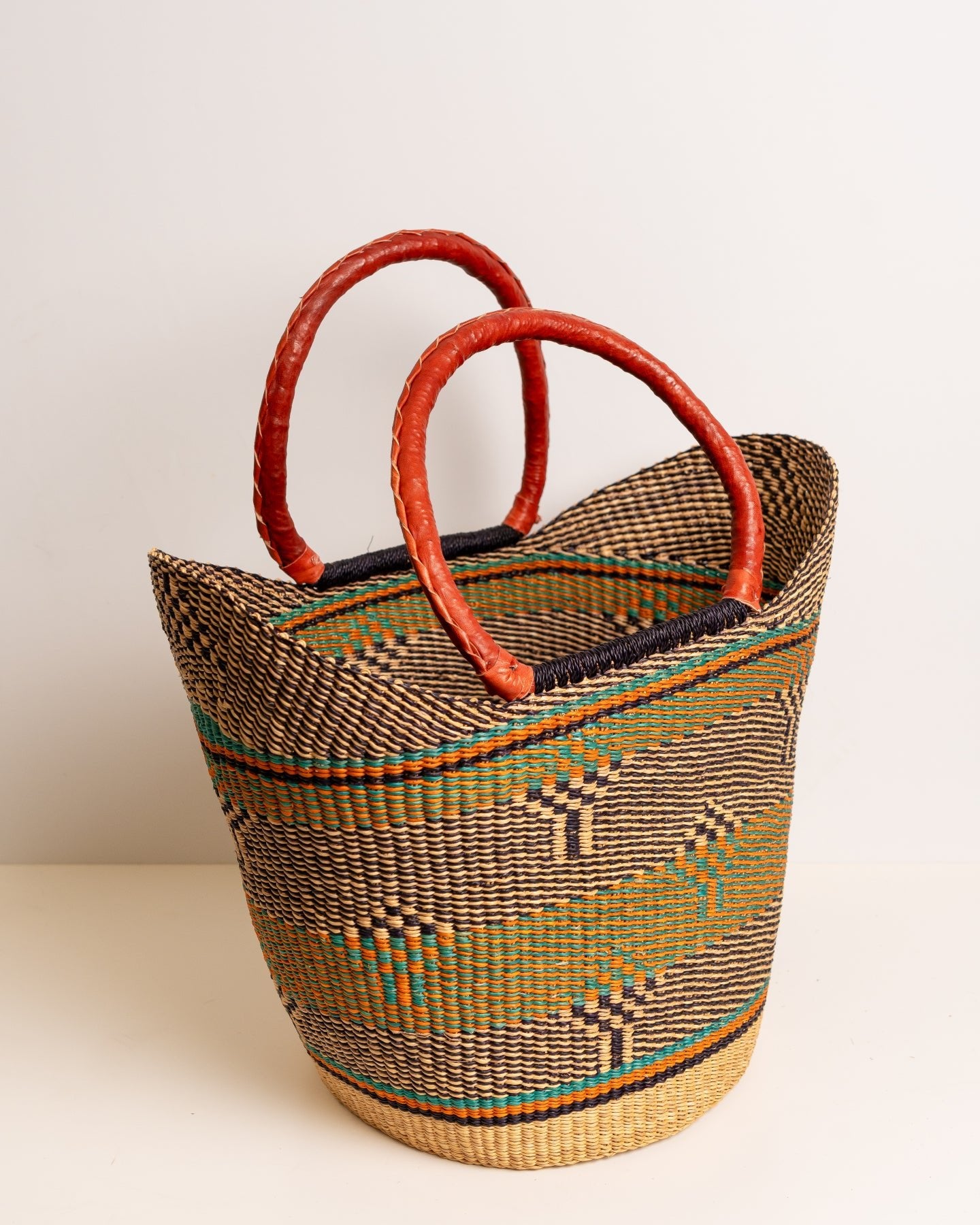 Juliana hand-woven Bolga U-shopper market basket with leather handles — ethical Ghanaian artisan basket
