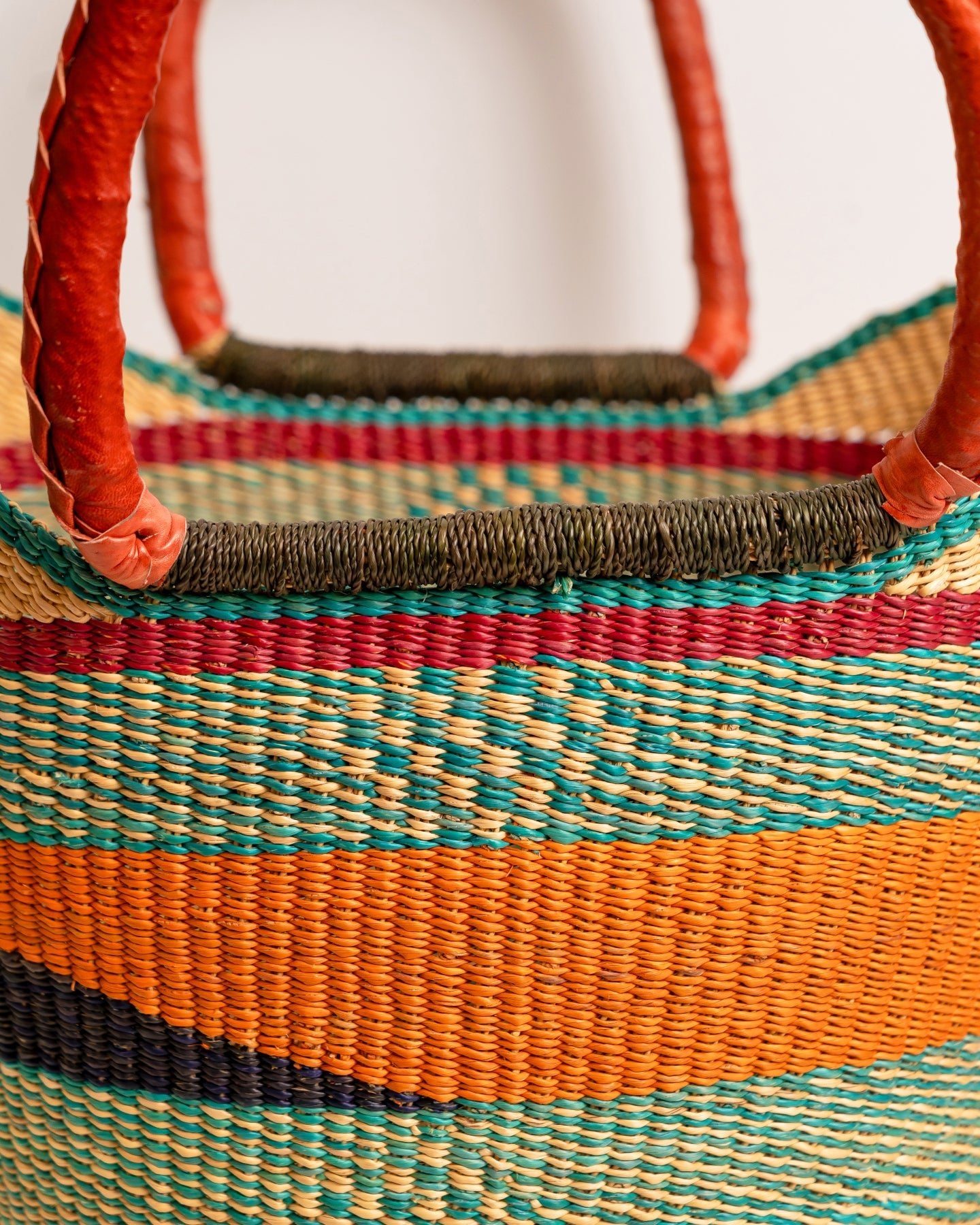 Juliana hand-woven Bolga U-shopper market basket with leather handles — ethical Ghanaian artisan basket