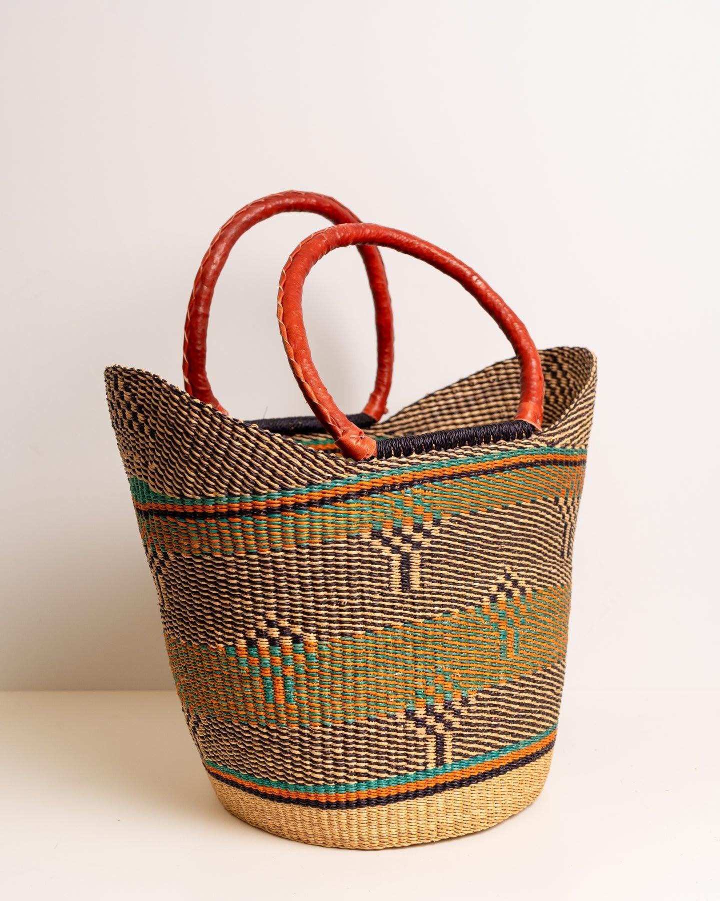 Juliana hand-woven Bolga U-shopper market basket with leather handles — ethical Ghanaian artisan basket