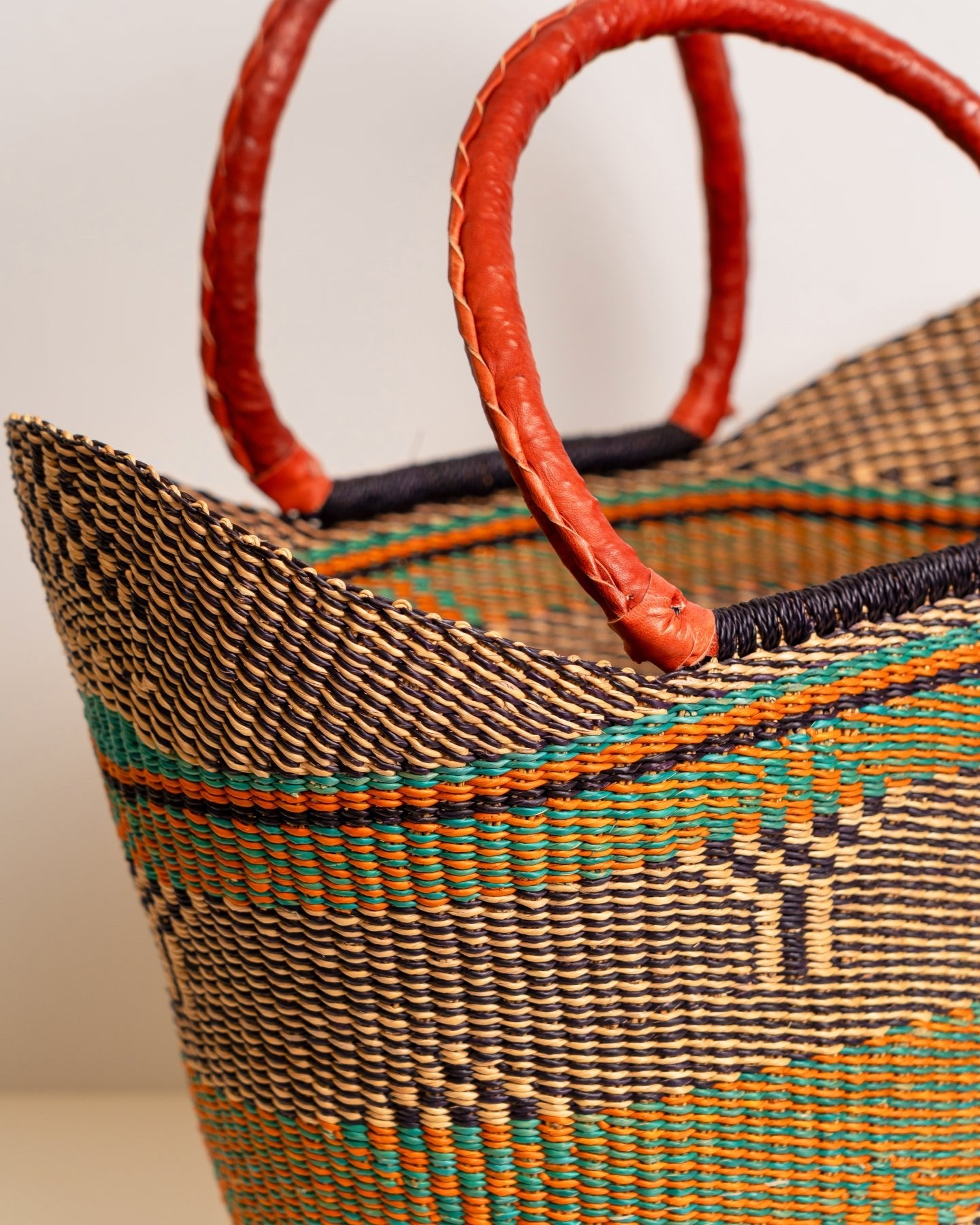 Juliana hand-woven Bolga U-shopper market basket with leather handles — ethical Ghanaian artisan basket