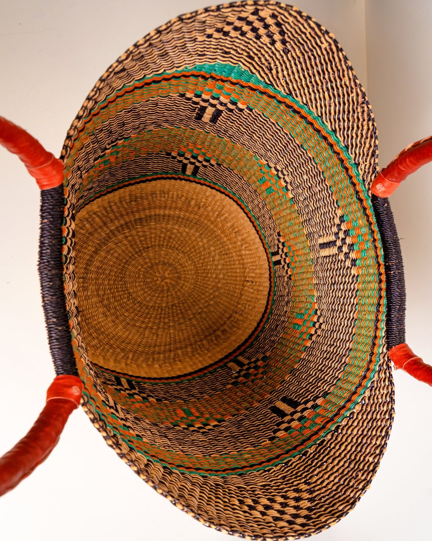 Juliana hand-woven Bolga U-shopper market basket with leather handles — ethical Ghanaian artisan basket