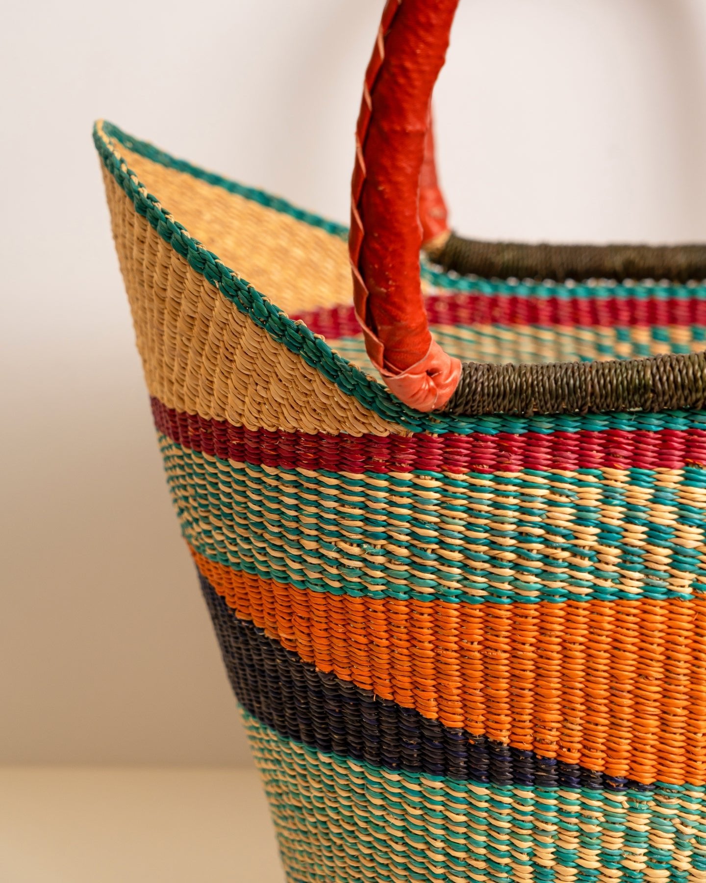 Juliana hand-woven Bolga U-shopper market basket with leather handles — ethical Ghanaian artisan basket