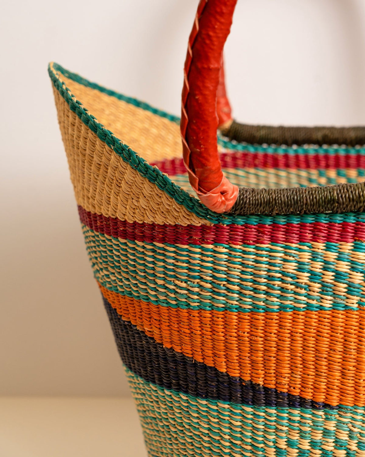 Juliana hand-woven Bolga U-shopper market basket with leather handles — ethical Ghanaian artisan basket