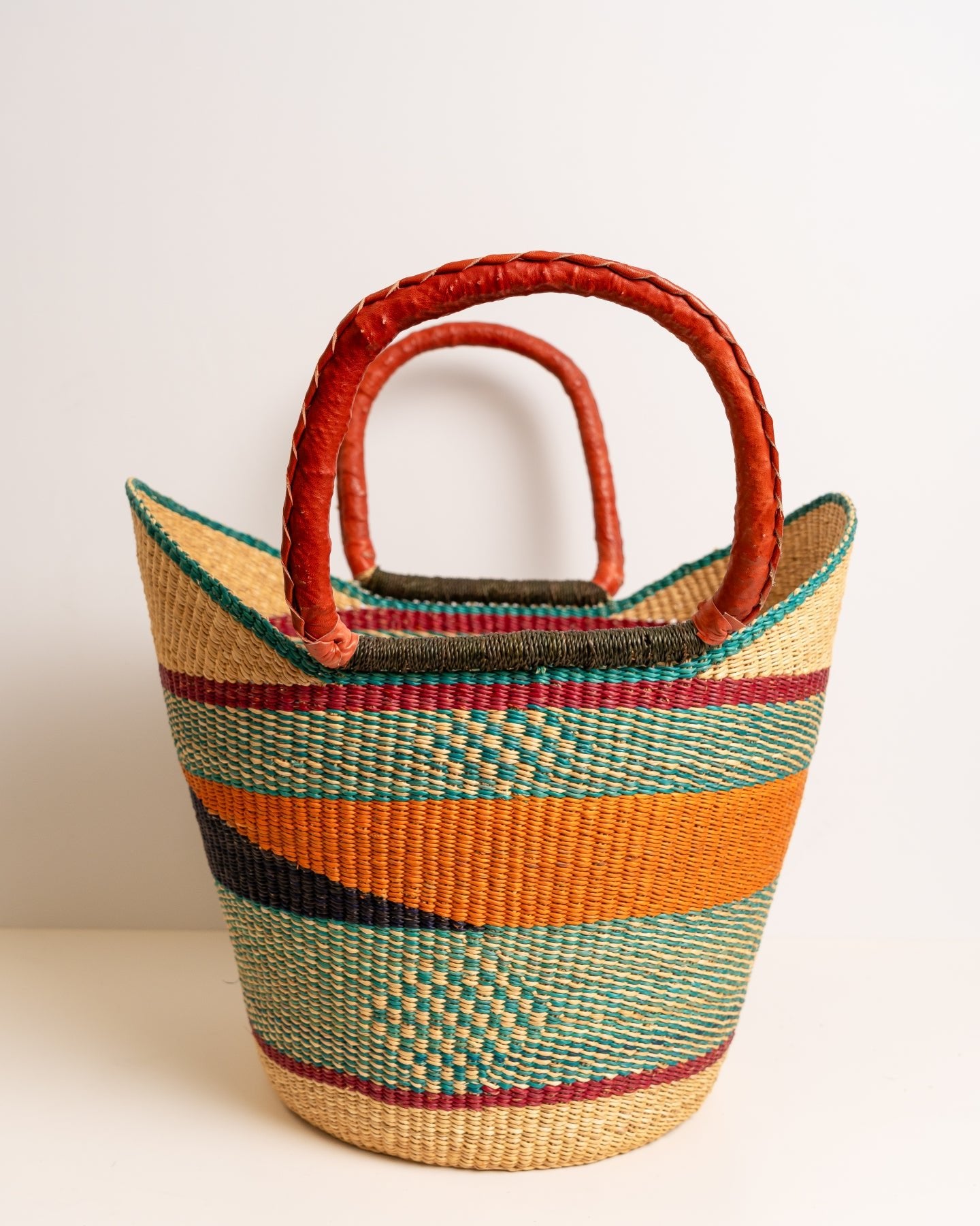 Juliana hand-woven Bolga U-shopper market basket with leather handles — ethical Ghanaian artisan basket