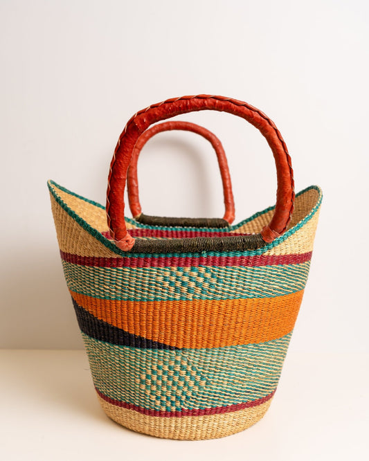 Juliana hand-woven Bolga U-shopper market basket with leather handles — ethical Ghanaian artisan basket