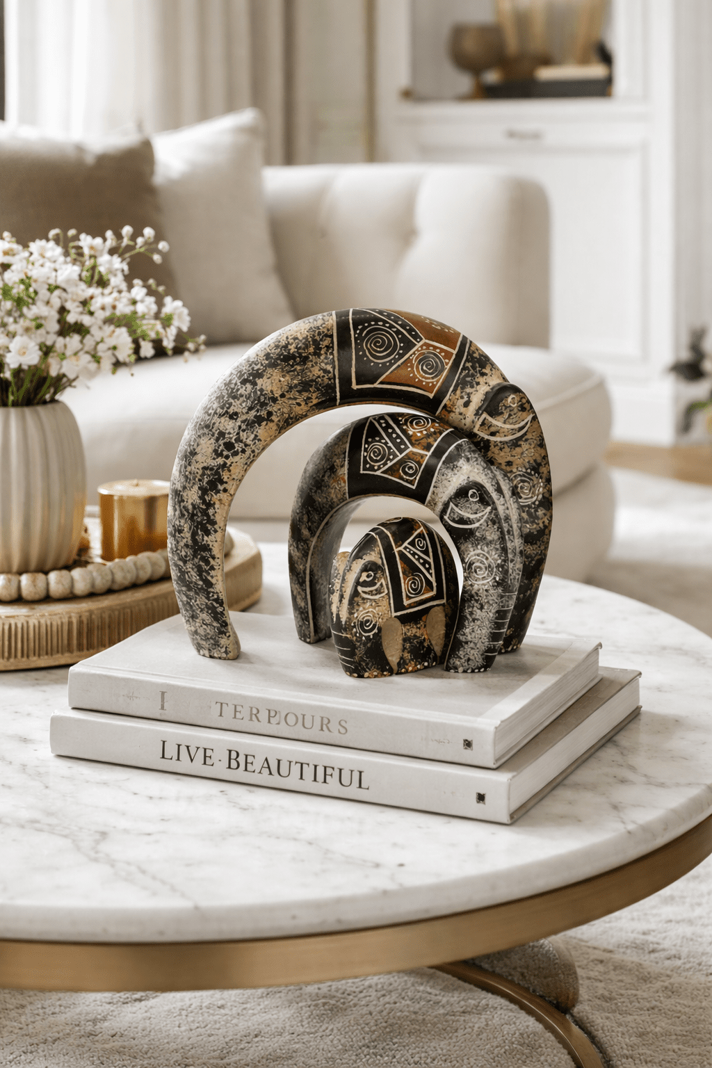 Hand-carved Kenyan soapstone elephant family sculpture — fair trade artisan home decor