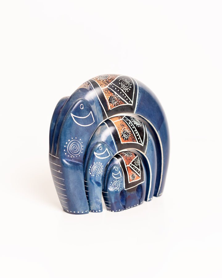 Hand-carved Kenyan soapstone elephant family sculpture — fair trade artisan home decor