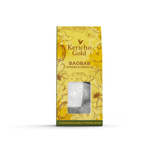 Kericho Gold Baobab Ginger and Hibiscus herbal tea 15 bags — premium Kenyan blend