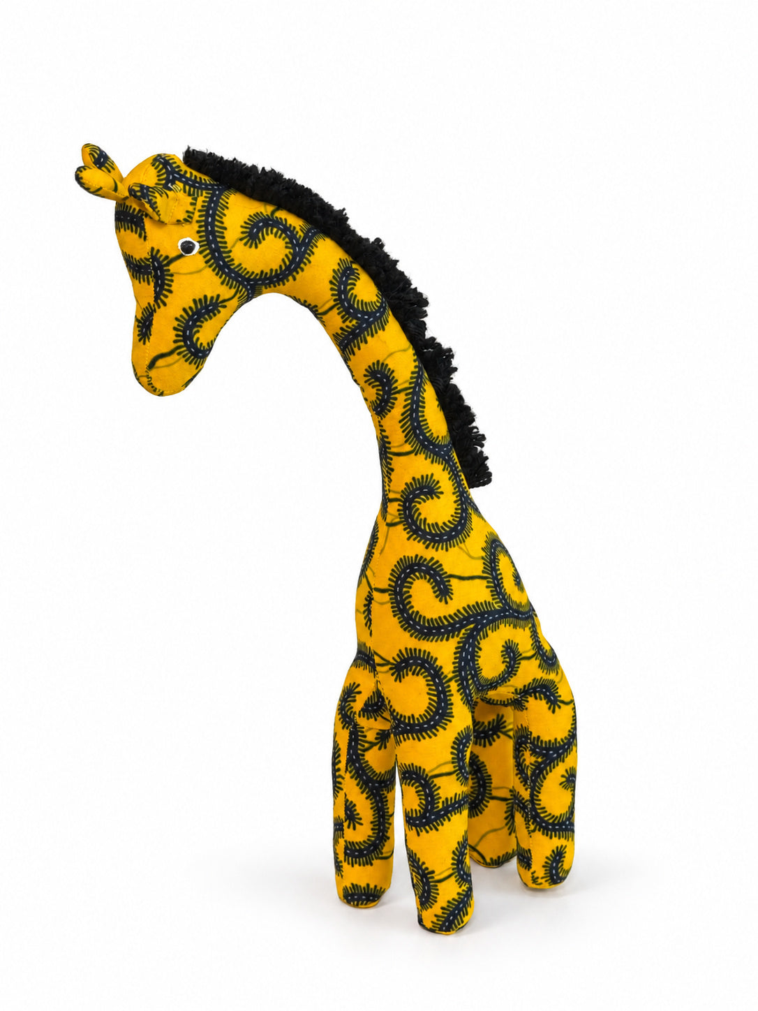 Large yellow African print fabric giraffe, three-quarter view showing black yarn mane