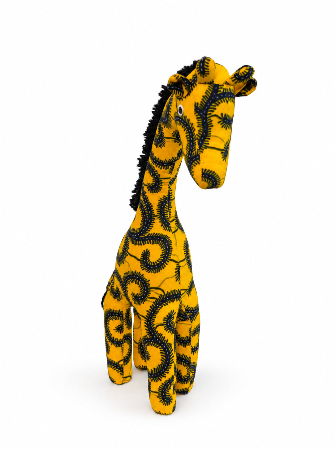 Large handmade Ankara giraffe ornament, front view showing stitched ears and swirl print