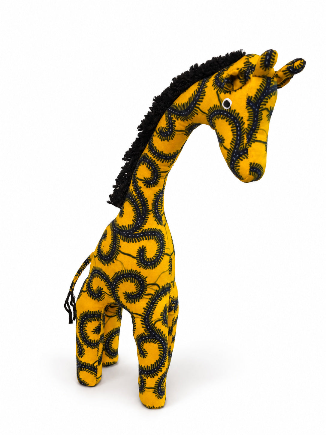Large yellow African print giraffe decoration with black yarn mane, side view