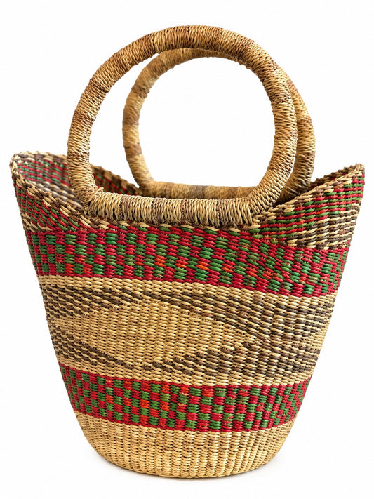 Leather-free Bolga U-shopper basket with grass-wrapped handles in red, green and natural