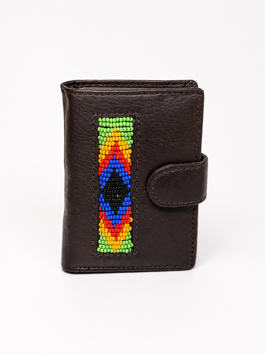 Dark brown leather RFID wallet with bold geometric Maasai beadwork in green, red, blue and yellow