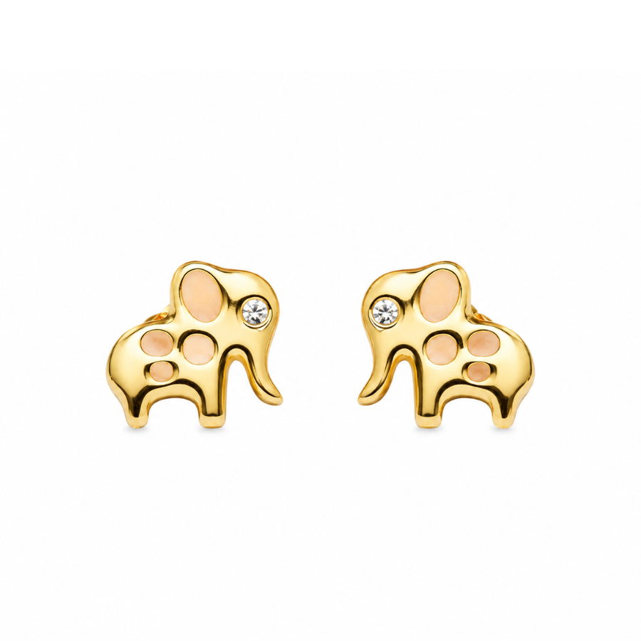 Close-up of Little Wild gold-plated elephant stud earrings for kids with mother-of-pearl spots and a sparkly cubic zirconia eye, on a plain white background