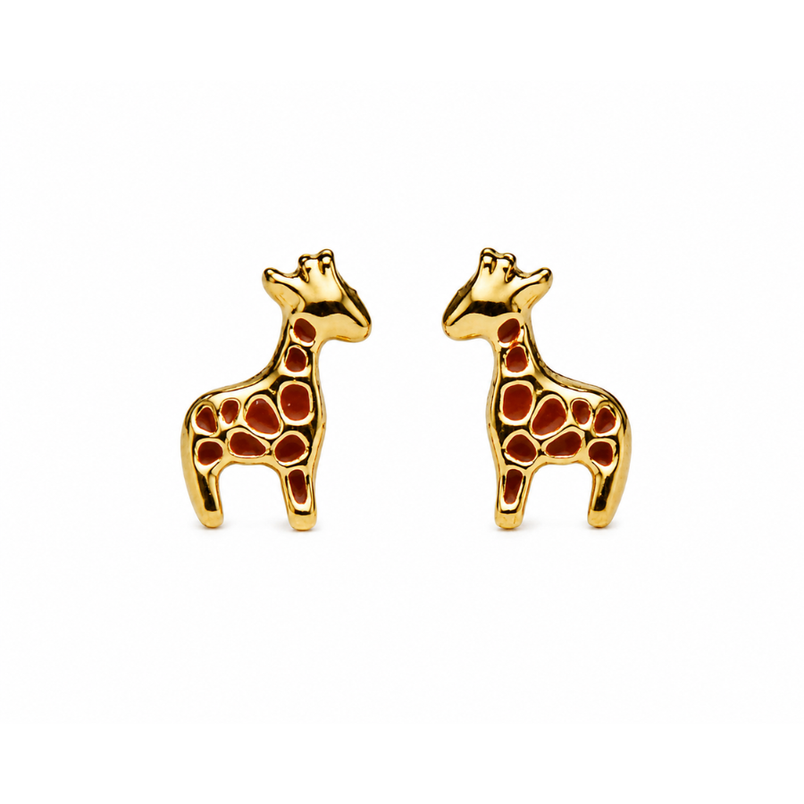 Pair of Little Wild gold-plated giraffe stud earrings for kids with red jasper inlay spots, on a plain white background.