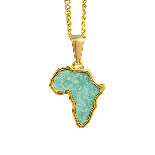 Gold-plated Africa map necklace with a genuine sea-green amazonite stone inlay, shown on a plain white background.