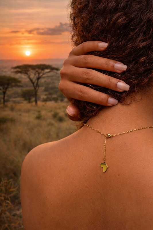 Woman wearing a gold Map of Africa pendant necklace, shown outdoors at sunset over an African savanna landscape