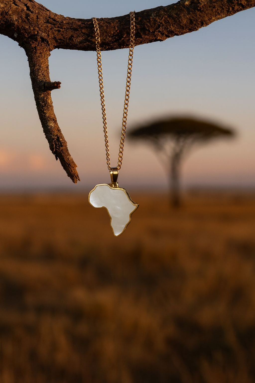Gold-plated Africa map necklace with mother-of-pearl inlay hanging from an acacia tree branch against an African savanna sunset.