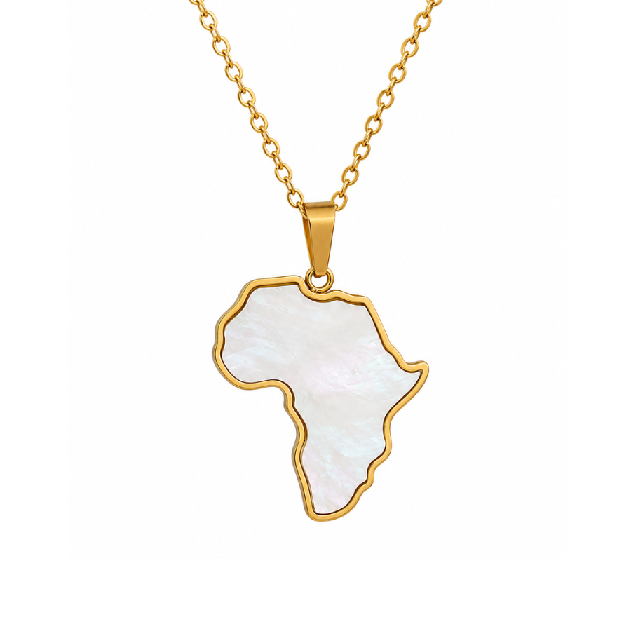 Gold Map of Africa necklace with genuine white mother-of-pearl inlay pendant, on white background