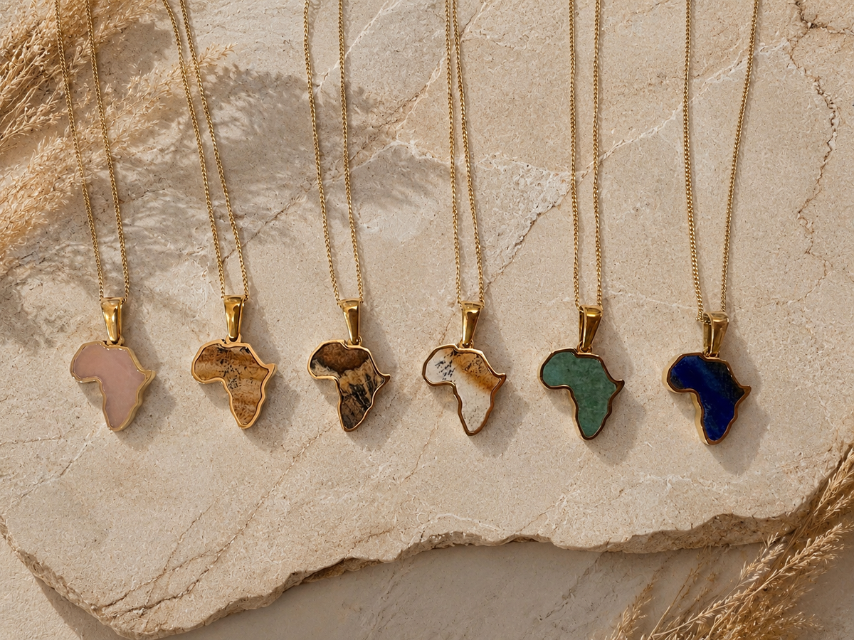 Gold Map of Africa pendant necklace design, also available with different stone inlay colours