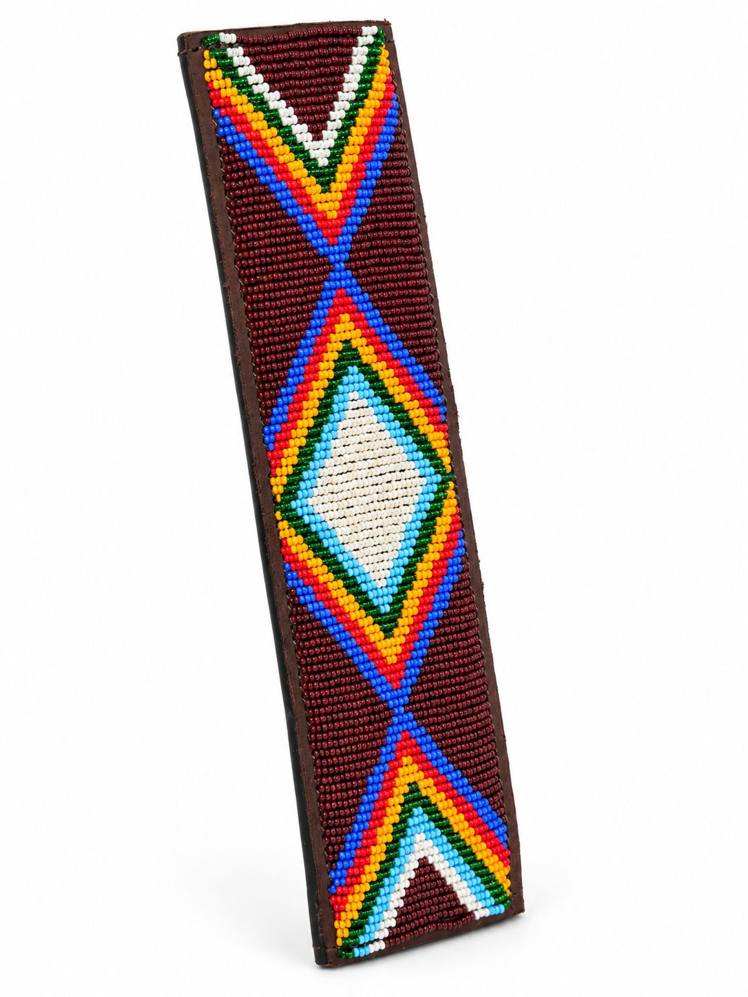 Side view of a maroon beaded seat belt cover showing the brown leather edging