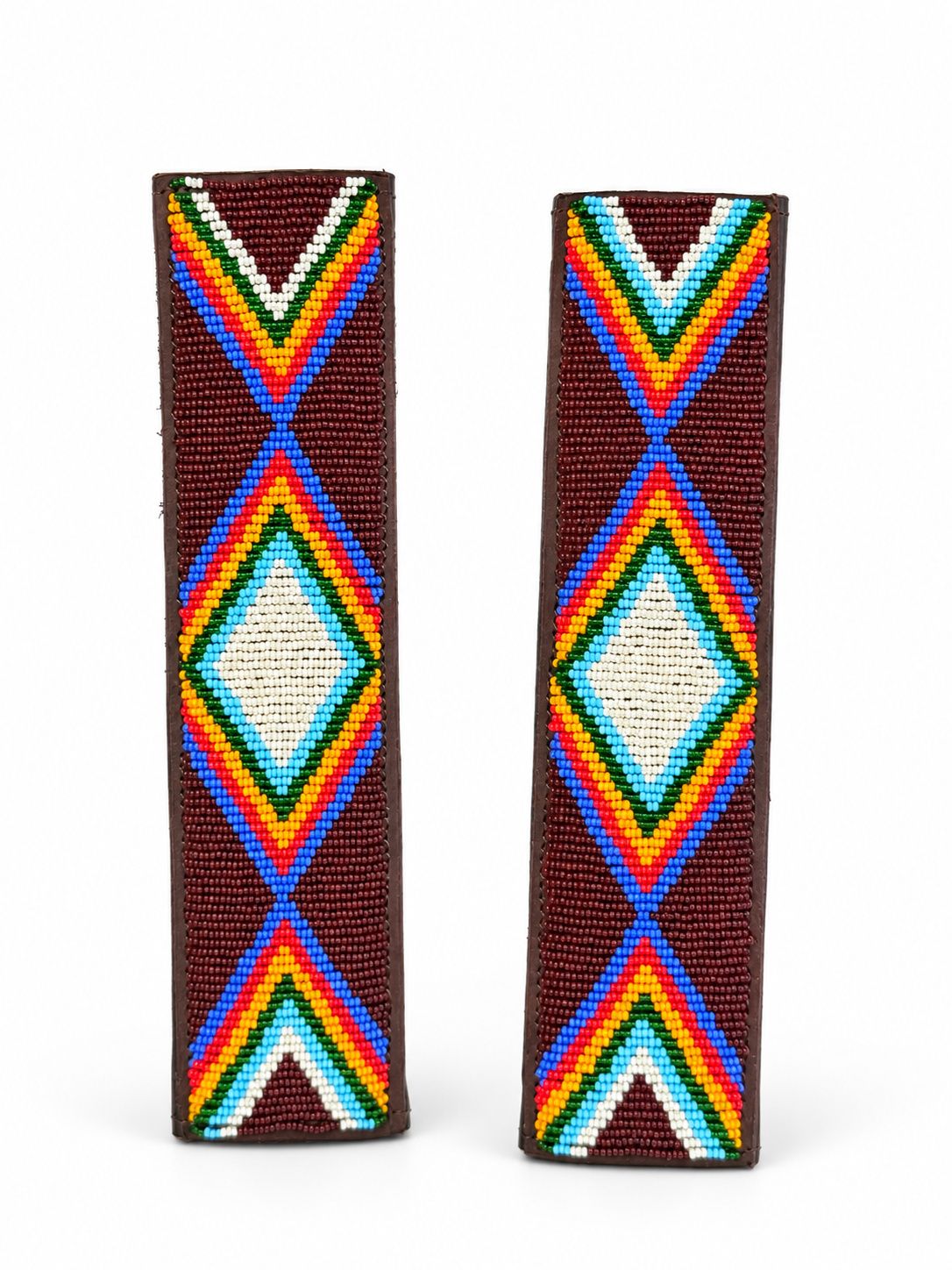 Pair of maroon Maasai beaded seat belt covers, 2 for £90