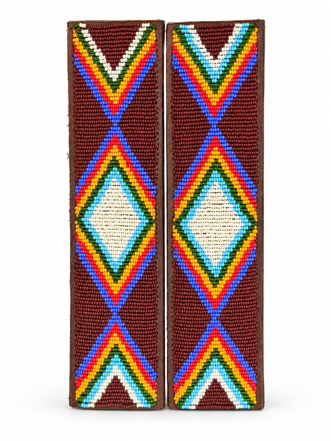 Set of 2 maroon Maasai beaded seat belt covers side by side, handmade in Kenya