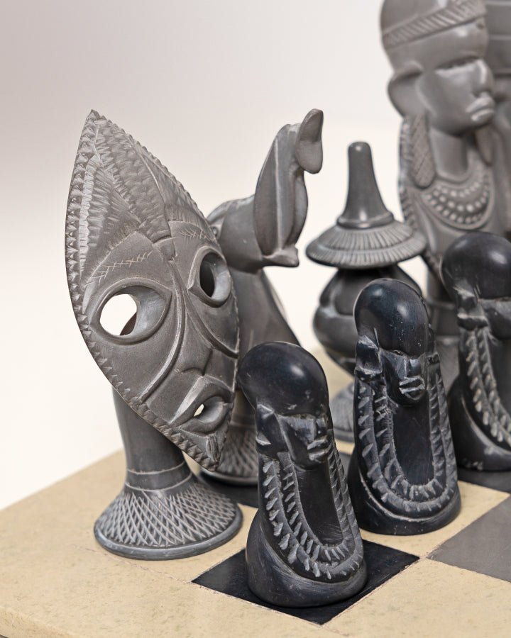 Hand-carved African soapstone chess set with tribal motif pieces — Kenyan artisan gift
